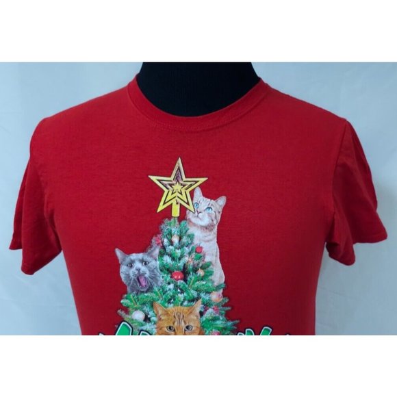 Dec. 25th Women Red Small Short Sleeve Meowy Christmas Tree Cats Holiday T-Shirt - Picture 4 of 10